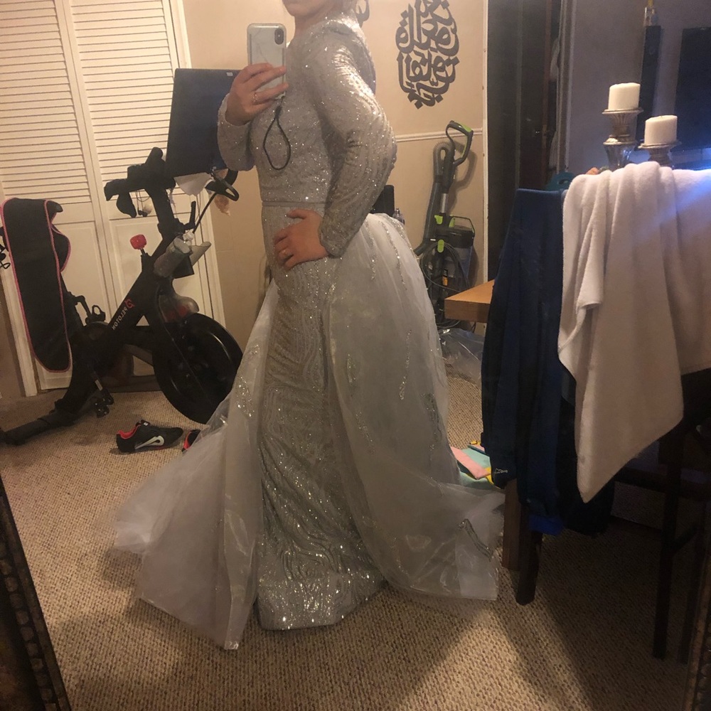 Silver Portia Scarlett Gown. This gown is size 8 US and XL European